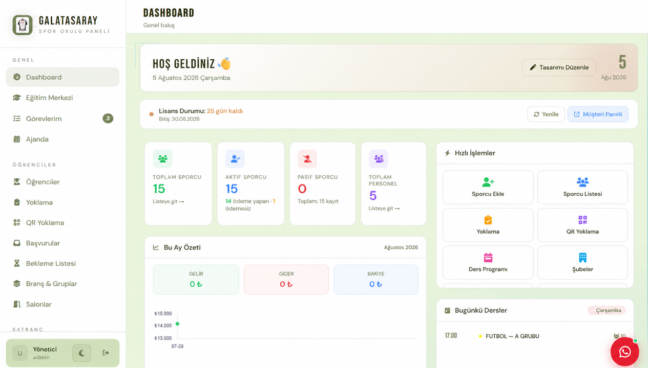 Galatasaray netSPOR açık tema dashboard bilgisayar görünümü